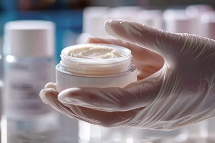 Main tenant de la creme dans un laboratoire d'analyse