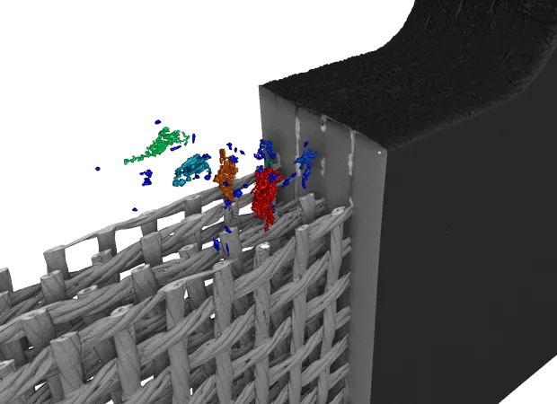 vue 3D représentant une coupe tomographique avec une analyse de porosités dans le tissage