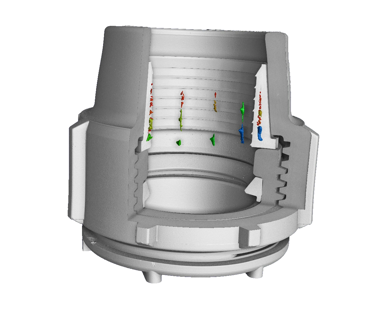 Vue 3D d'un connecteur plastique avec une analyse de porosités et une coupe en 3/4